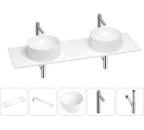 Раковина-столешница с двумя чашами Wellsee Le.charme в наборе 5 в 1: раковины из камня со столешницей 160 см, кронштейны для подвесного монтажа, смесители и сифоны (хром) 202002638