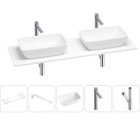 Раковина-столешница с двумя чашами Wellsee La.chance в наборе 5 в 1: раковины из камня со столешницей 160 см, кронштейны для подвесного монтажа, смесители и сифоны (хром) 202002468