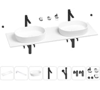 Раковина-столешница с двумя чашами Wellsee Le.premier в наборе 10 в 1: раковины, столешница 150 см, кронштейны, смесители, сифоны, вентили, аксессуары (цвет набора матовый черный) 202003094