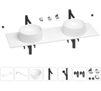 Раковина-столешница с двумя чашами Wellsee Le.charme в наборе 10 в 1: раковины, столешница 140 см, кронштейны, смесители, сифоны, вентили, аксессуары (цвет набора матовый черный) 202003399