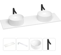 Раковина-столешница с двумя чашами Wellsee Le.charme в наборе 4 в 1: раковины из камня со столешницей 150 см, кронштейны для подвесного монтажа, смесители (матовый черный) 202002249