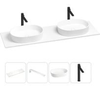 Раковина-столешница с двумя чашами Wellsee Le.premier в наборе 4 в 1: раковины из камня со столешницей 160 см, кронштейны для подвесного монтажа, смесители (матовый черный) 202001944