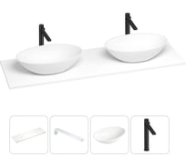 Раковина-столешница с двумя чашами Wellsee Le.huit.mars в наборе 4 в 1: раковины из камня со столешницей 150 см, кронштейны для подвесного монтажа, смесители (матовый черный) 202002009