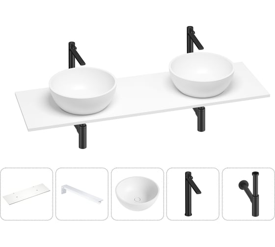 Раковина-столешница с двумя чашами Wellsee La.lune в наборе 5 в 1: раковины из камня со столешницей 140 см, кронштейны для подвесного монтажа, смесители и сифоны (матовый черный) 202002544 1