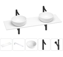 Раковина-столешница с двумя чашами Wellsee La.lune в наборе 5 в 1: раковины из камня со столешницей 150 см, кронштейны для подвесного монтажа, смесители и сифоны (матовый черный) 202002549