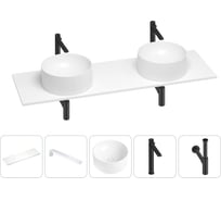 Раковина-столешница с двумя чашами Wellsee Le.charme в наборе 5 в 1: раковины из камня со столешницей 130 см, кронштейны для подвесного монтажа, смесители и сифоны (матовый черный) 202002624