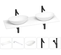 Раковина-столешница с двумя чашами Wellsee Le.huit.mars в наборе 5 в 1: раковины из камня со столешницей 160 см, кронштейны для подвесного монтажа, смесители и сифоны (матовый черный) 202002399