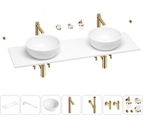 Раковина-столешница с двумя чашами Wellsee La.lune в наборе 10 в 1: раковины, столешница 160 см, кронштейны, смесители, сифоны, вентили, аксессуары (цвет набора золото) 202003325