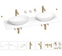 Раковина-столешница с двумя чашами Wellsee Le.huit.mars в наборе 10 в 1: раковины, столешница 150 см, кронштейны, смесители, сифоны, вентили, аксессуары (цвет набора золото) 202003165