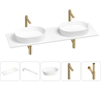 Раковина-столешница с двумя чашами Wellsee Le.premier в наборе 5 в 1: раковины из камня со столешницей 150 см, кронштейны для подвесного монтажа, смесители и сифоны (золото) 202002325