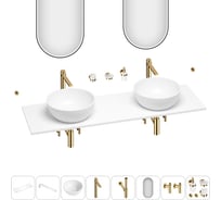 Раковина-столешница с двумя чашами Wellsee La.lune в наборе 11 в 1: раковины, столешница 150 см, кронштейны, смесители, сифоны, вентили, аксессуары, зеркала (цвет набора золото) 202003705