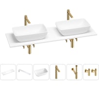 Раковина-столешница с двумя чашами Wellsee La.chance в наборе 6 в 1: раковины, столешница 160 см, кронштейны, смесители, сифоны, вентили (цвет набора золото) 202002855