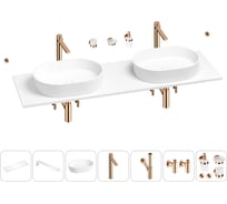 Раковина-столешница с двумя чашами Wellsee Le.premier в наборе 10 в 1: раковины, столешница 160 см, кронштейны, смесители, сифоны, вентили, аксессуары (цвет набора розовое золото) 202003101