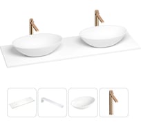 Раковина-столешница с двумя чашами Wellsee Le.huit.mars в наборе 4 в 1: раковины из камня со столешницей 160 см, кронштейны для подвесного монтажа, смесители (розовое золото) 202002016