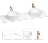 Раковина-столешница с двумя чашами Wellsee Le.charme в наборе 4 в 1: раковины из камня со столешницей 150 см, кронштейны для подвесного монтажа, смесители (розовое золото) 202002251