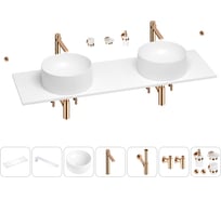 Раковина-столешница с двумя чашами Wellsee Le.charme в наборе 10 в 1: раковины, столешница 160 см, кронштейны, смесители, сифоны, вентили, аксессуары (цвет набора розовое золото) 202003411