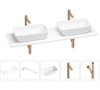 Раковина-столешница с двумя чашами Wellsee La.chance в наборе 5 в 1: раковины из камня со столешницей 150 см, кронштейны для подвесного монтажа, смесители и сифоны (розовое золото) 202002466