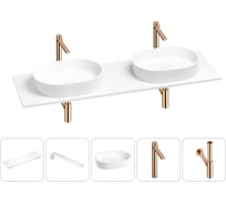 Раковина-столешница с двумя чашами Wellsee Le.premier в наборе 5 в 1: раковины из камня со столешницей 160 см, кронштейны для подвесного монтажа, смесители и сифоны (розовое золото) 202002331