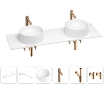 Раковина-столешница с двумя чашами Wellsee Le.charme в наборе 6 в 1: раковины, столешница 150 см, кронштейны, смесители, сифоны, вентили (цвет набора розовое золото) 202003021