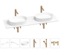 Раковина-столешница с двумя чашами Wellsee Le.premier в наборе 6 в 1: раковины, столешница 160 см, кронштейны, смесители, сифоны, вентили (цвет набора розовое золото) 202002716