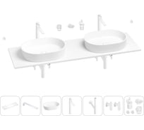 Раковина-столешница с двумя чашами Wellsee Le.premier в наборе 10 в 1: раковины, столешница 150 см, кронштейны, смесители, сифоны, вентили, аксессуары (цвет набора матовый белый) 202003097