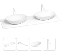 Раковина-столешница с двумя чашами Wellsee Le.huit.mars в наборе 4 в 1: раковины из камня со столешницей 160 см, кронштейны для подвесного монтажа, смесители (матовый белый) 202002017