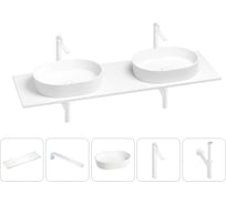 Раковина-столешница с двумя чашами Wellsee Le.premier в наборе 5 в 1: раковины из камня со столешницей 160 см, кронштейны для подвесного монтажа, смесители и сифоны (матовый белый) 202002332