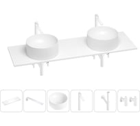 Раковина-столешница с двумя чашами Wellsee Le.charme в наборе 6 в 1: раковины, столешница 150 см, кронштейны, смесители, сифоны, вентили (цвет набора матовый белый) 202003022