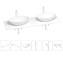 Раковина-столешница с двумя чашами Wellsee Le.huit.mars в наборе 6 в 1: раковины, столешница 160 см, кронштейны, смесители, сифоны, вентили (цвет набора матовый белый) 202002787