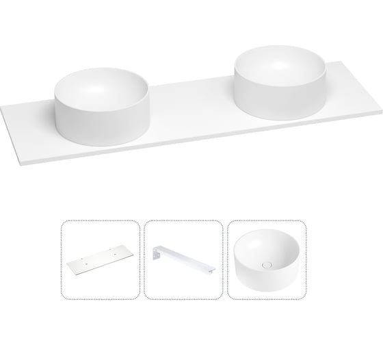 Раковина-столешница с двумя чашами Wellsee Le.charme в наборе 3 в 1: раковины из камня с подвесной столешницей 140 см, цвет матовый белый, с кронштейнами для подвесного монтажа 202001870 1