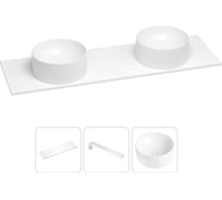 Раковина-столешница с двумя чашами Wellsee Le.charme в наборе 3 в 1: раковины из камня с подвесной столешницей 150 см, цвет матовый белый, с кронштейнами для подвесного монтажа 202003873