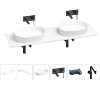 Раковина-столешница с двумя чашами Wellsee Le.premier в наборе 6 в 1: раковины, столешница 150 см, кронштейны, смесители, сифоны (цвет набора матовый черный) 202004326