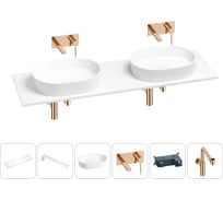 Раковина-столешница с двумя чашами Wellsee Le.premier в наборе 6 в 1: раковины, столешница 160 см, кронштейны, смесители, сифоны (цвет набора розовое золото) 202004333