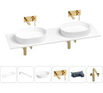 Раковина-столешница с двумя чашами Wellsee Le.premier в наборе 6 в 1: раковины, столешница 150 см, кронштейны, смесители, сифоны (цвет набора золото) 202004327