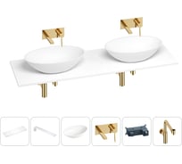 Раковина-столешница с двумя чашами Wellsee Le.huit.mars в наборе 6 в 1: раковины, столешница 160 см, кронштейны, смесители, сифоны (цвет набора золото) 202004402