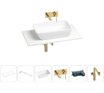 Раковина-столешница Wellsee La.chance в наборе 6 в 1: каменная раковина со столешницей 90 см, кронштейны для подвесного монтажа, смеситель, сифон (цвет набора золото) 202004412
