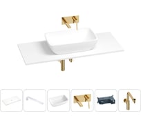 Раковина-столешница Wellsee La.chance в наборе 6 в 1: каменная раковина со столешницей 100 см, кронштейны для подвесного монтажа, смеситель, сифон (цвет набора золото) 202004417