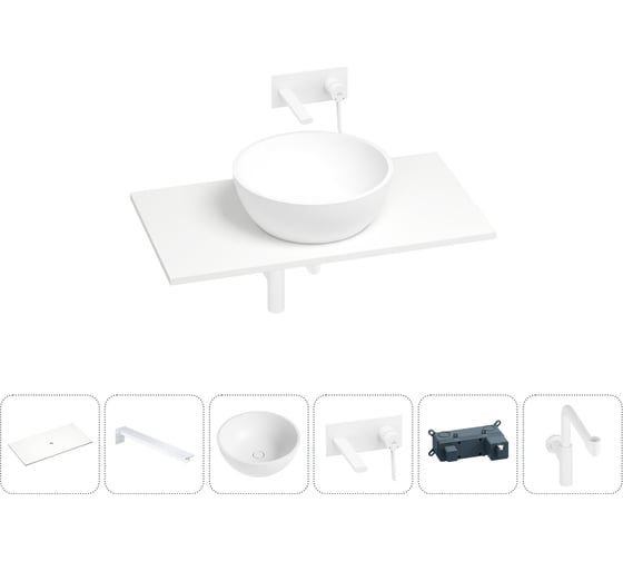 Раковина-столешница Wellsee La.lune в наборе 6 в 1: каменная раковина со столешницей 80 см, кронштейны для подвесного монтажа, смеситель, сифон (цвет набора матовый белый) 202004479 1