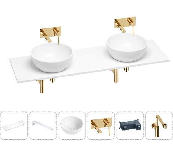 Раковина-столешница с двумя чашами Wellsee La.lune в наборе 6 в 1: раковины, столешница 120 см, кронштейны, смесители, сифоны (цвет набора золото) 202004527 1