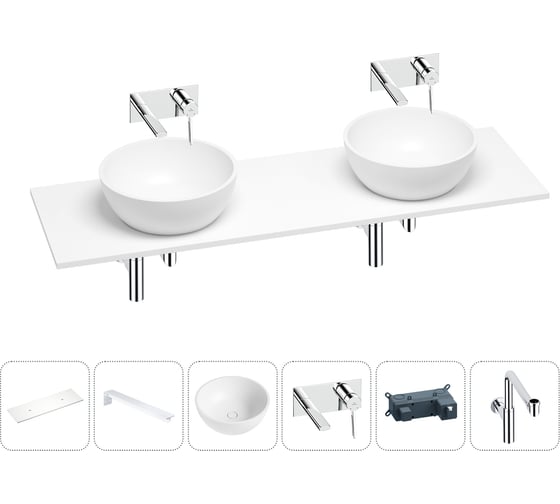 Раковина-столешница с двумя чашами Wellsee La.lune в наборе 6 в 1: раковины, столешница 140 см, кронштейны, смесители, сифоны (цвет набора хром) 202004545 1