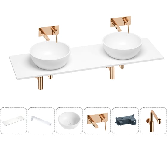 Раковина-столешница с двумя чашами Wellsee La.lune в наборе 6 в 1: раковины, столешница 150 см, кронштейны, смесители, сифоны (цвет набора розовое золото) 202004553 1
