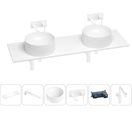 Раковина-столешница с двумя чашами Wellsee Le.charme в наборе 6 в 1: раковины, столешница 140 см, кронштейны, смесители, сифоны (цвет набора матовый белый) 202004634 1