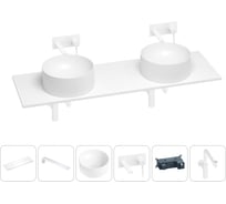 Раковина-столешница с двумя чашами Wellsee Le.charme в наборе 6 в 1: раковины, столешница 160 см, кронштейны, смесители, сифоны (цвет набора матовый белый) 202004644