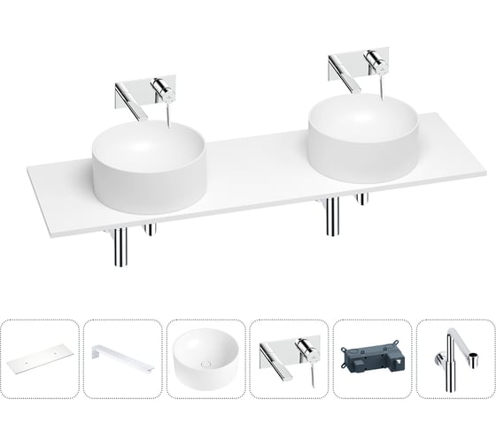 Раковина-столешница с двумя чашами Wellsee Le.charme в наборе 6 в 1: раковины, столешница 160 см, кронштейны, смесители, сифоны (цвет набора хром) 202004640 1