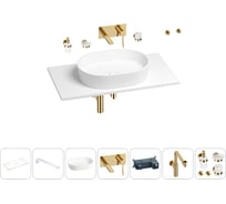 Раковина-столешница Wellsee Le.premier в наборе 10 в 1: каменная раковина со столешницей 80 см, кронштейны, смеситель, сифон, аксессуары (цвет набора золото) 202004647