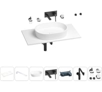 Раковина-столешница Wellsee Le.premier в наборе 10 в 1: каменная раковина со столешницей 80 см, кронштейны, смеситель, сифон, аксессуары (цвет набора матовый черный) 202004646