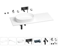 Раковина-столешница с чашей слева Wellsee Le.premier в наборе 10 в 1: раковина, столешница 100 см, кронштейны, смеситель, сифон, аксессуары (цвет набора матовый черный) 202004661