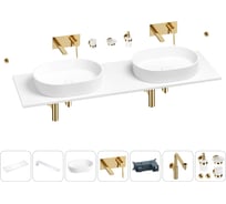 Раковина-столешница с двумя чашами Wellsee Le.premier в наборе 10 в 1: раковины, столешница 150 см, кронштейны, смесители, сифоны, аксессуары (цвет набора золото) 202004712