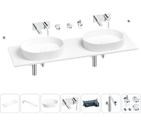 Раковина-столешница с двумя чашами Wellsee Le.premier в наборе 10 в 1: раковины, столешница 150 см, кронштейны, смесители, сифоны, аксессуары (цвет набора хром) 202004710