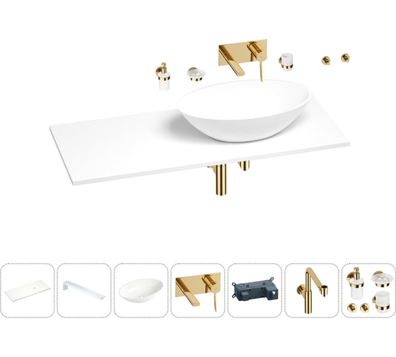 Раковина-столешница с чашей справа Wellsee Le.huit.mars в наборе 10 в 1: раковина, столешница 100 см, кронштейны, смеситель, сифон, аксессуары (цвет набора золото) 202004742 1
